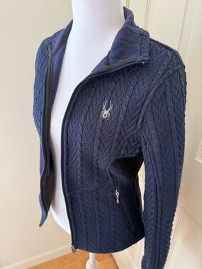 Spyder Full Zip Knit Jacket Small Navy Cable Knit Fleece Lined Athletic